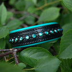 Black and turquoise dog collar with teal gemstones on a branch with leaves