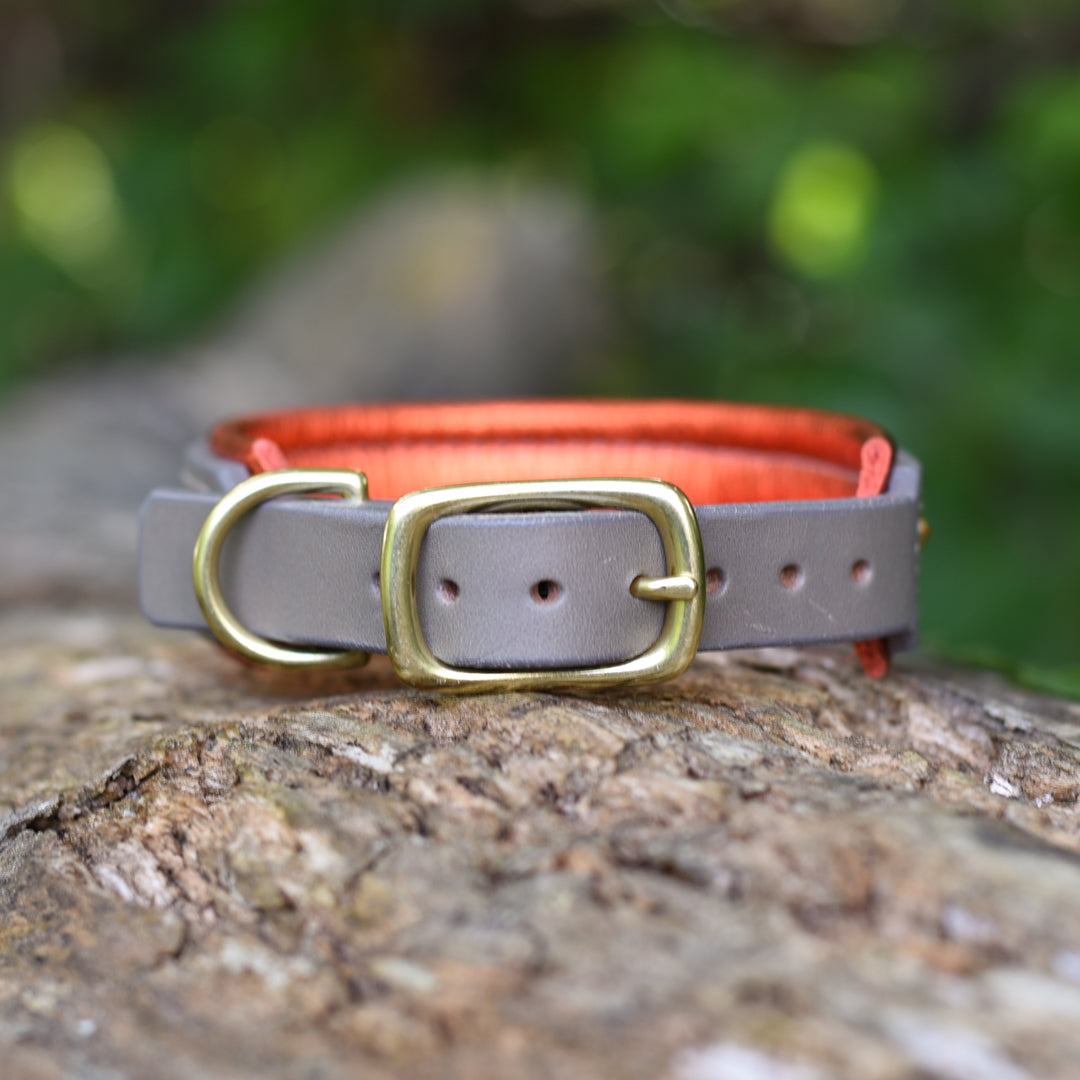River, 1.25" wide Grey Leather Dog Collar, size 12" - 15"