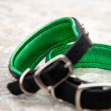 Starlight 1.5" Wide Greens on Black Leather Dog Collar, size 12"-15"