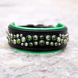 Starlight 1.5" Wide Greens on Black Leather Dog Collar, size 12"-15"