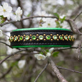 Silas, 1.25" wide Green and Black Leather Dog Collar, size 14"-17"