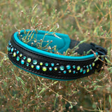 Starlight Leather Dog Collar, 1.5" wide Teals and Lime on Black Leather