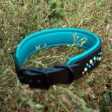 Starlight Leather Dog Collar, 1.5" wide Teals and Lime on Black Leather