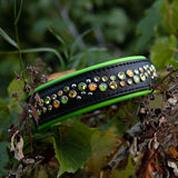 Starlight Leather Dog Collar, 1.5" wide Fall Whispers on Black Leather