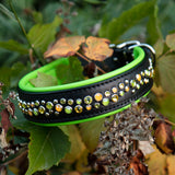 Starlight Leather Dog Collar, 1.5" wide Fall Whispers on Black Leather