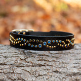 Micro Mardi Gras, 1.25" Wide Black Leather Dog Collar