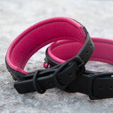 Loch, 1.5" wide Pink & Yellow Black Leather Dog Collar