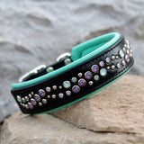 Loch, 1.5" wide Mint & Purple Black Leather Dog Collar