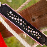 Loch Leather Dog Collar, 1.5" wide Light Pinks on Black Leather, size 12"-15"