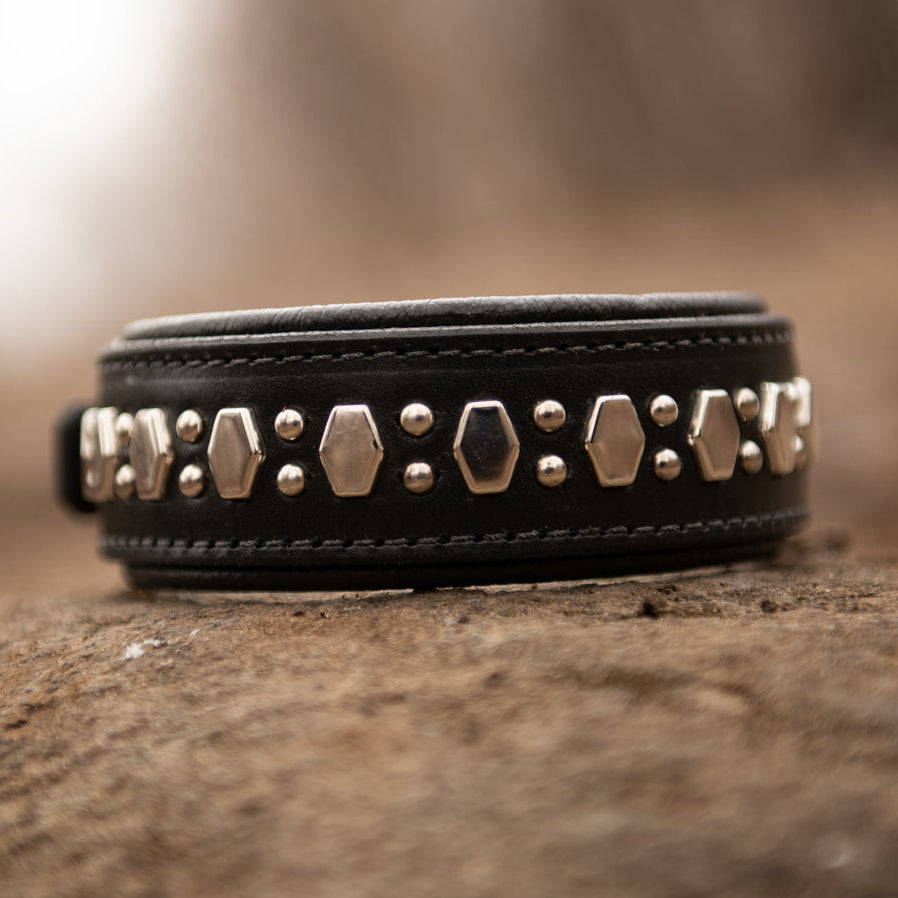 Black leather dog collar with metallic studs on a rock surface