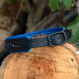 Nessie, 1.25" wide Blue Crystals on Black Leather