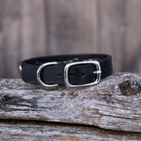 River, 3/4" wide Black Leather Dog Collar, size 12"-15"