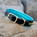 Silas, 1.25" wide Teal & Black Leather Dog Collar