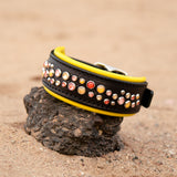 Starlight Leather Dog Collar, 1.5" wide Yellows on Black Leather