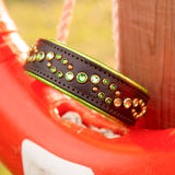 Wave Leather Dog Collar, 1.5" wide Greens on Chocolate Leather, size 14"-17"