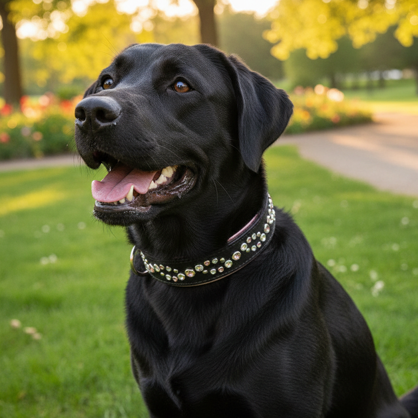 Black Labrador wearing pink Wave collar outdoors