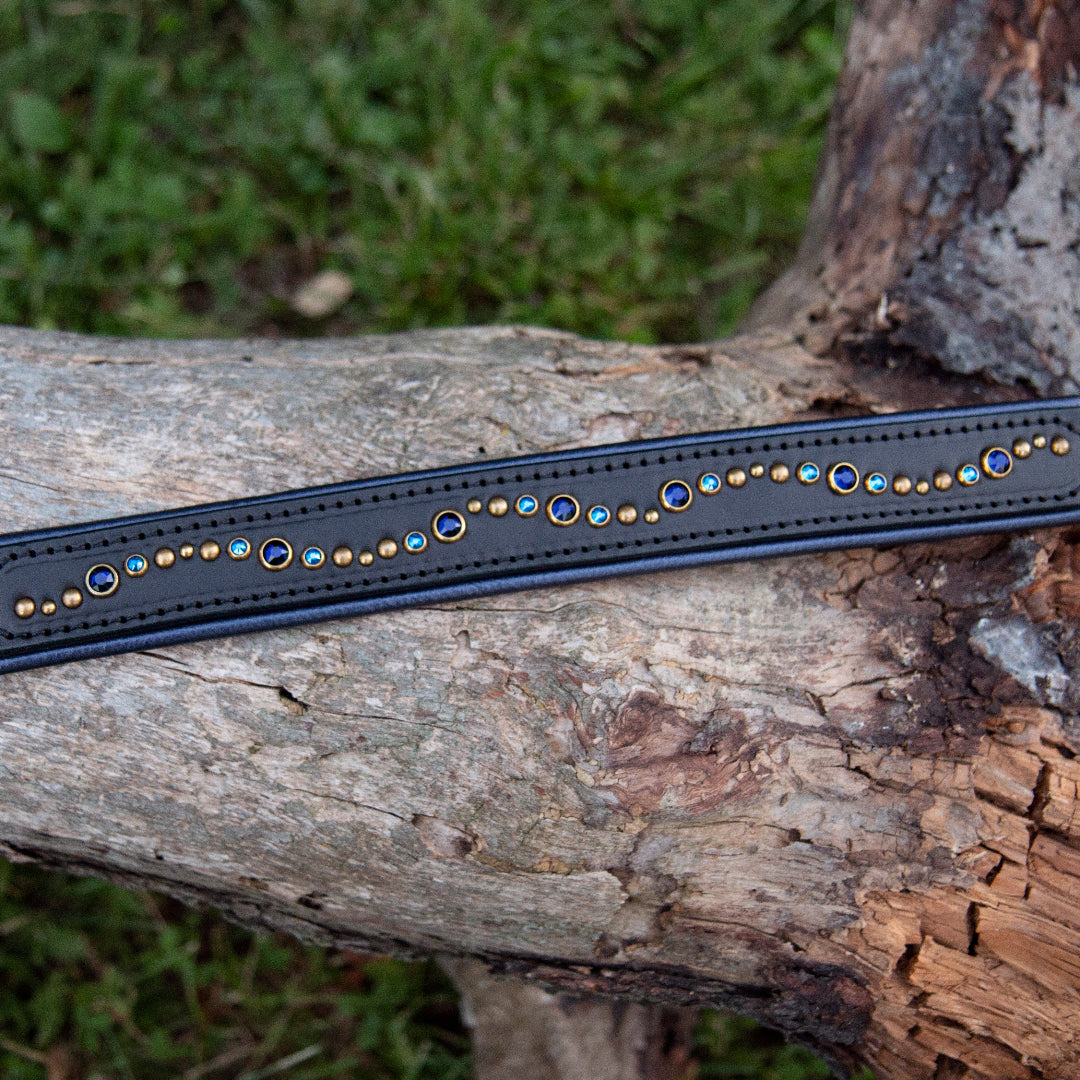 Navy Blue and Black leather dog collar on a log