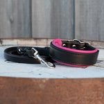 A black leather dog collar with a bright pink inner lining and a matching black leash with silver metal hardware, displayed on a rustic wooden surface.