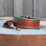A medium brown leather dog collar with a bright turquoise blue underside and silver-tone hardware, resting on a rustic oak barrel  with a weathered wood background.