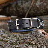 Black leather dog collar with silver buckle on a wooden surface