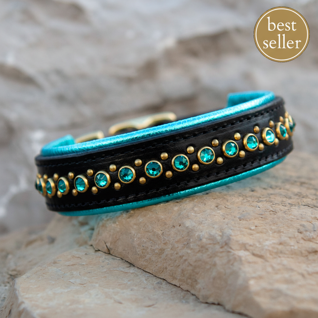 The Silas custom leather dog collar with Best Seller badge