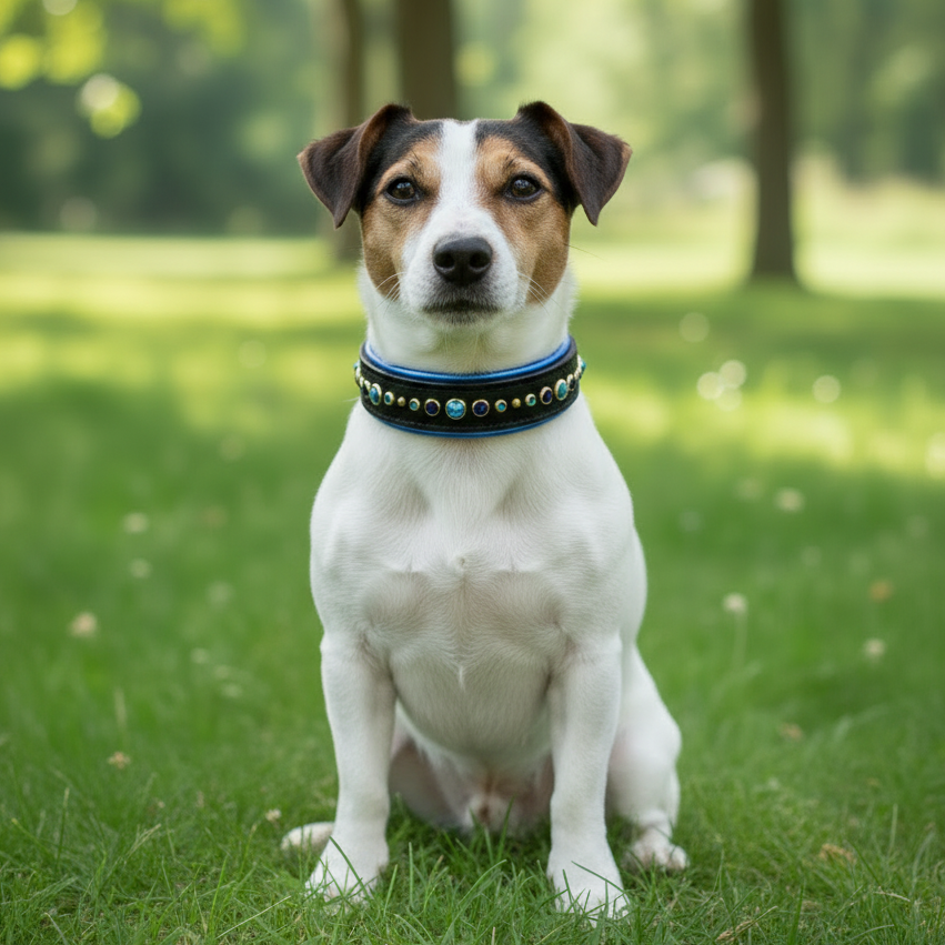 White Jack Russell Terrier with slim padded leather dog collar